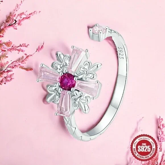 NWT S925 Sterling Silver Pink CZ Cross Fleur-De-Lis Design Open Adjustable Ring - Picture 4 of 12
